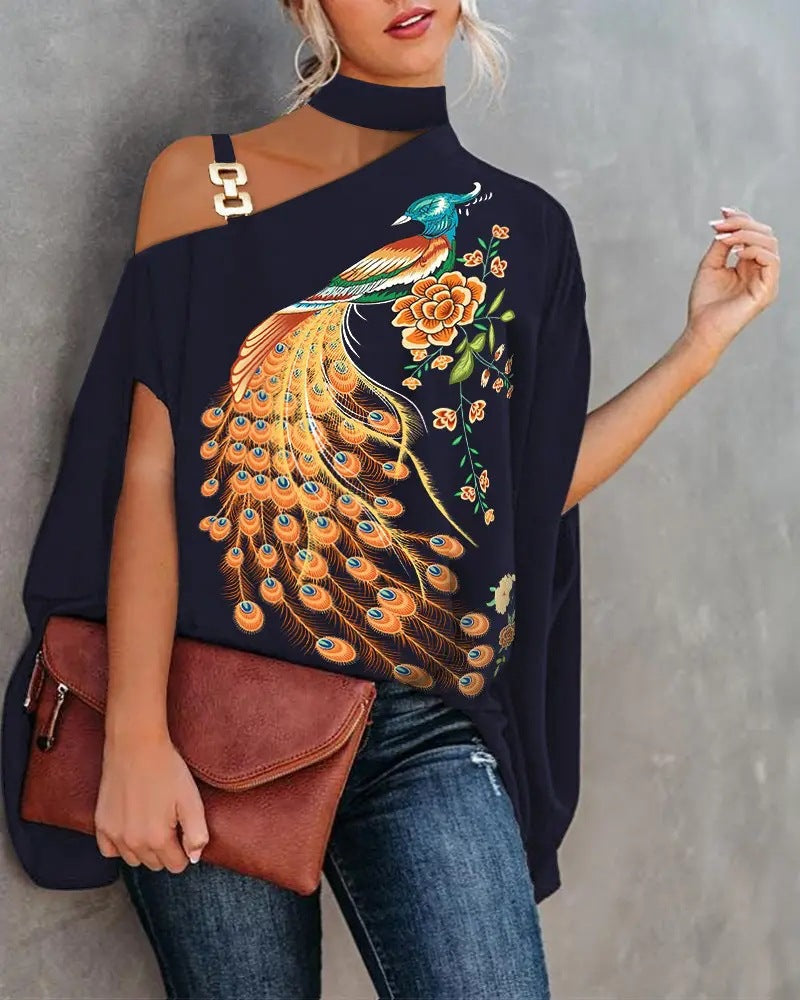 Printed Dolman Sleeve Blouse with Choker Neck and Chain Detail
