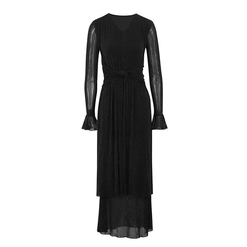 Shimmering Sheath Maxi Dress with V-Neck and Flared Sleeves