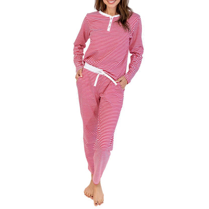 Striped Slim Fit Two-Piece Set with Henley Neck and Drawstring