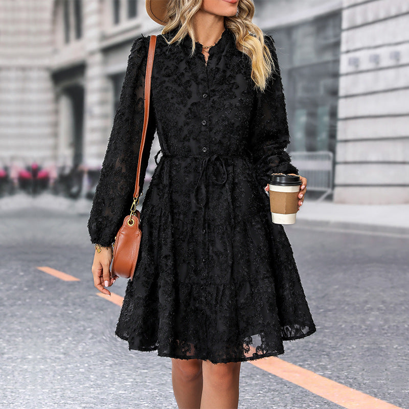 A-Line Lace Mini Dress with Stand Collar and Puff Sleeves