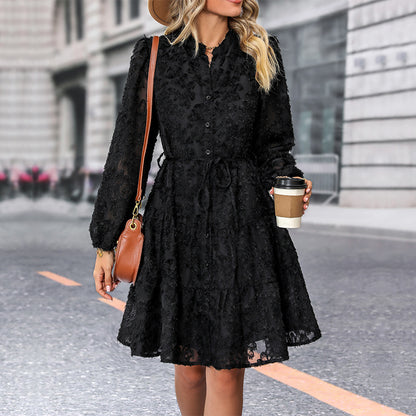 A-Line Lace Mini Dress with Stand Collar and Puff Sleeves