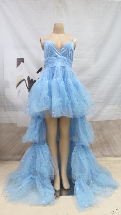 High-Low Tiered Tulle Gown with Sparkle Detail