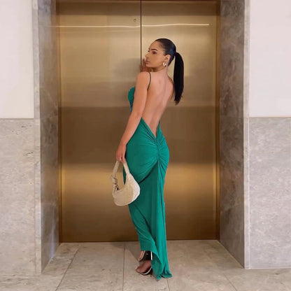 Bodycon Maxi Dress with Pleated Hip and Backless Detail