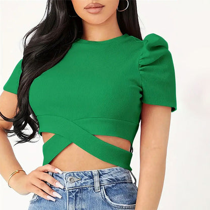 Solid Ribbed Crop Top with Puff Sleeves and Criss-Cross Cutout