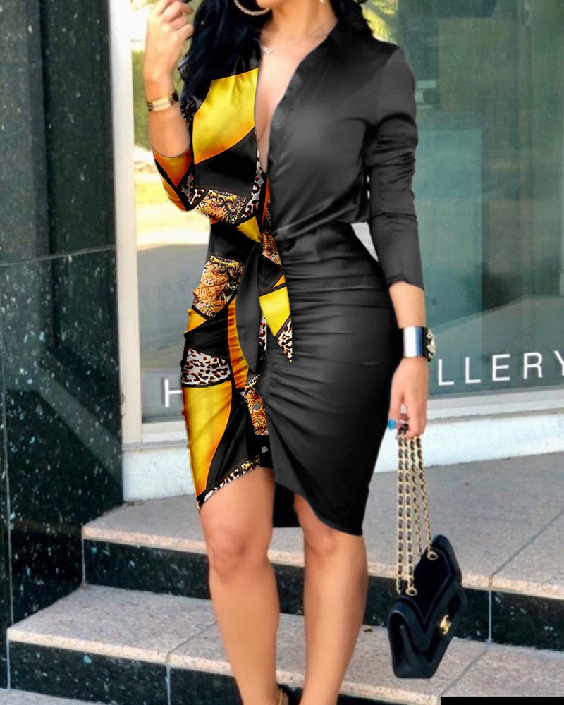 Midi Dress with V-Neck, Tie-Waist, and Ruched Hem