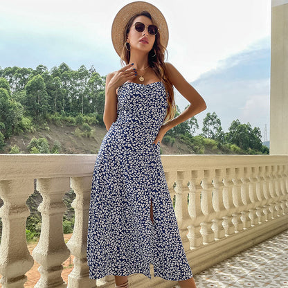 Floral A-Line Midi Dress with High Slit and Camisole Straps