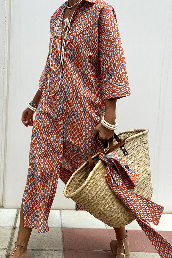 Geometric & Striped Shirt Dress with V-Neck and Half Sleeves