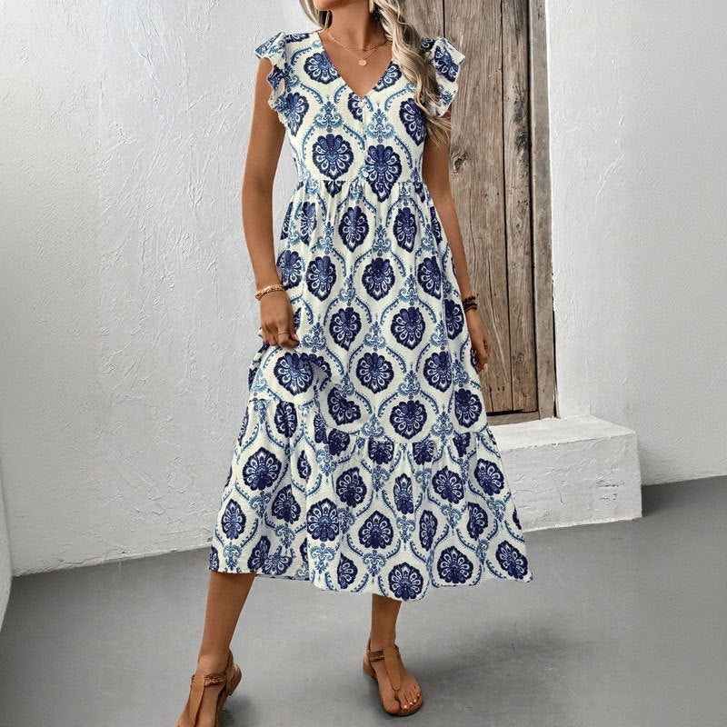 Geometric Print Tiered Midi Dress with Ruffled Sleeves