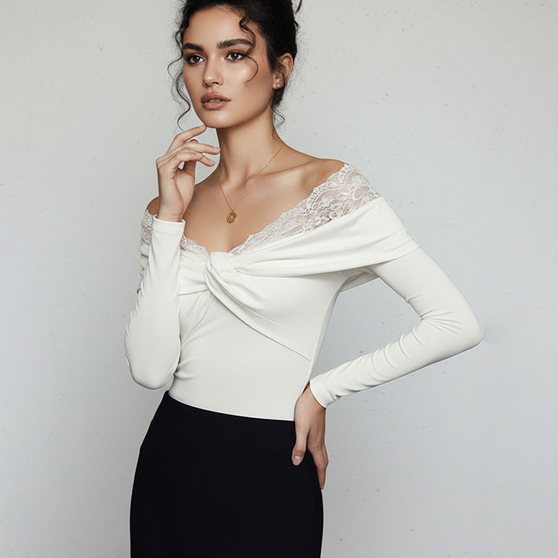 Off-Shoulder Bodysuit with Twist Front and Lace Trim