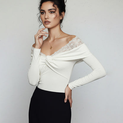 Off-Shoulder Bodysuit with Twist Front and Lace Trim
