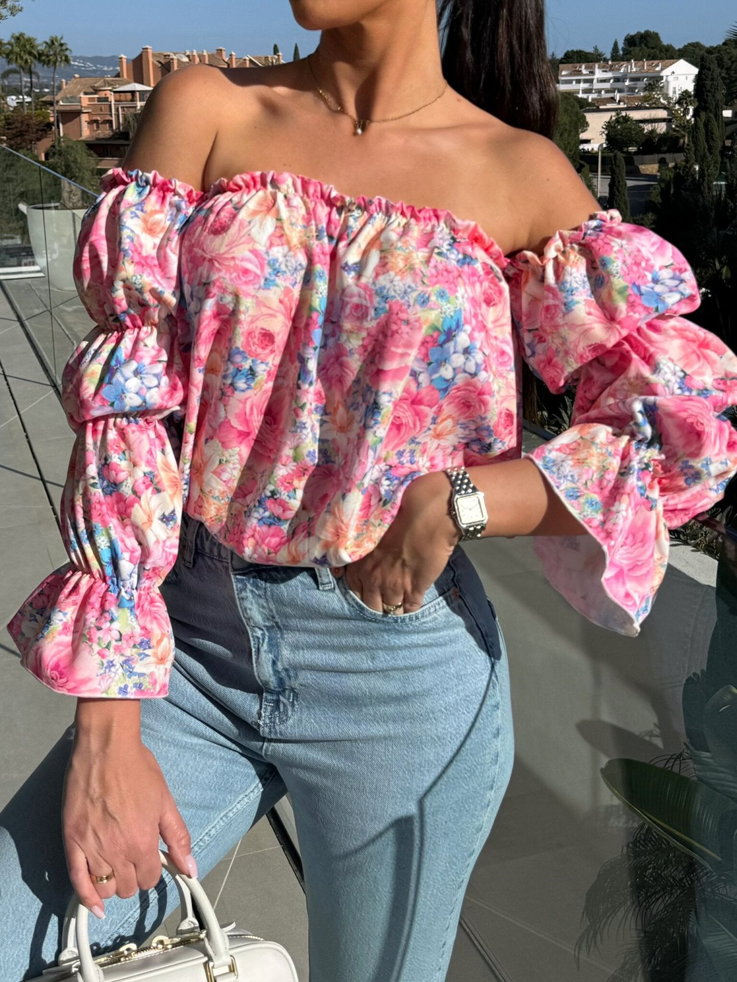 Floral Print Blouse with Off-Shoulder and Ruffled Sleeves