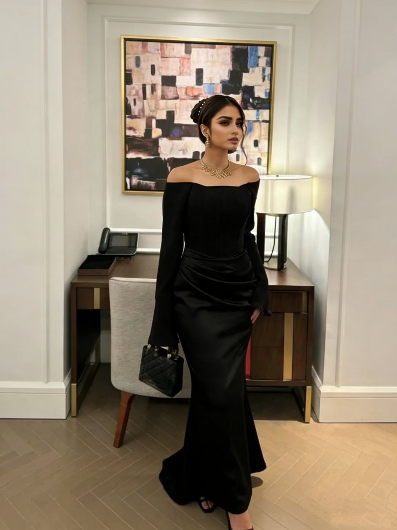 Sheath Maxi Dress with Off-Shoulder Long Sleeves and Draped Detail