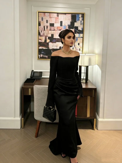 Sheath Maxi Dress with Off-Shoulder Long Sleeves and Draped Detail