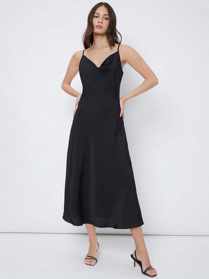 Champagne Satin Midi Slip Dress with Cowl Neck