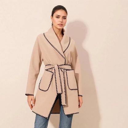 Belted Wrap Coat with Shawl Collar and Scalloped Trim