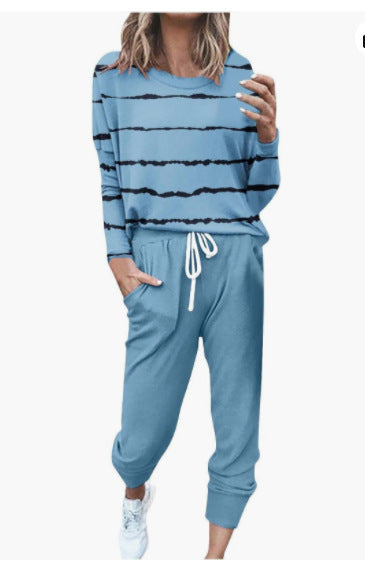 Spliced Long Sleeve Loungewear Set with Jogger Pants