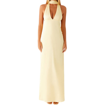 Halter Sheath Maxi Dress with Choker Collar and V-Neck