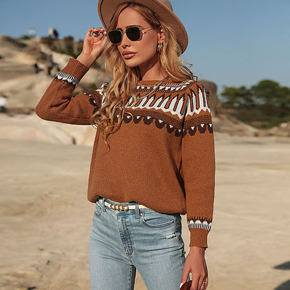 Fair Isle Knit Pullover with Loose Fit and Crewneck