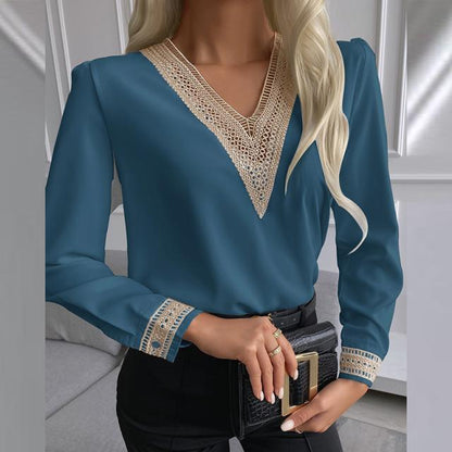 Solid Blouse with Lace-Trimmed V-Neck and Cuffs