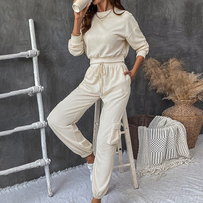 Ribbed Knit Sweatshirt and Jogger Set with Cargo Pockets