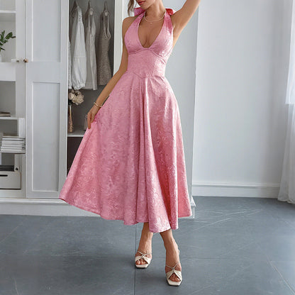 Jacquard A-Line Midi Dress with Halter Neck