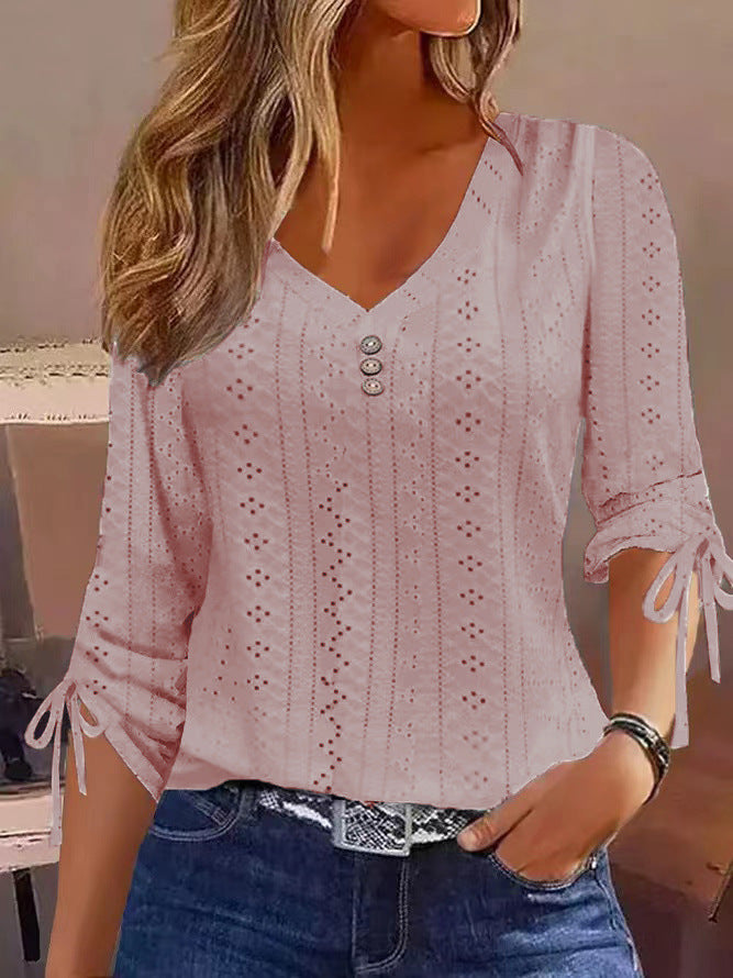 Jacquard V-Neck Top with Button Detail and Tie-Up Sleeves
