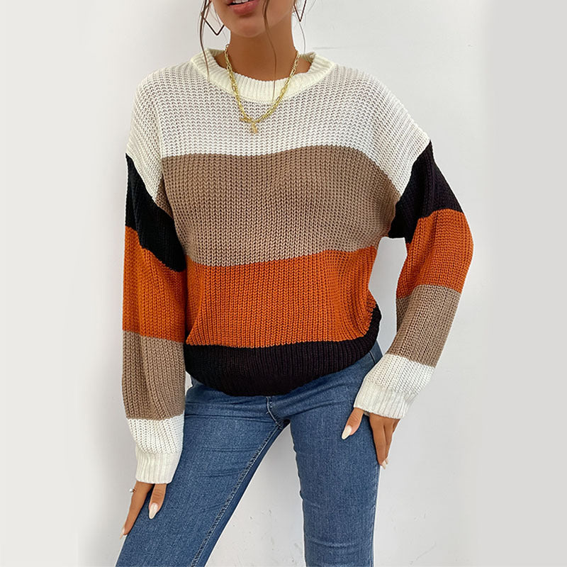 Color-Blocked Crewneck Sweater with Long Sleeves