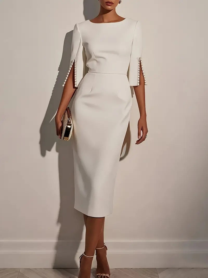 Sheath Midi Dress with Beaded Slit Sleeves