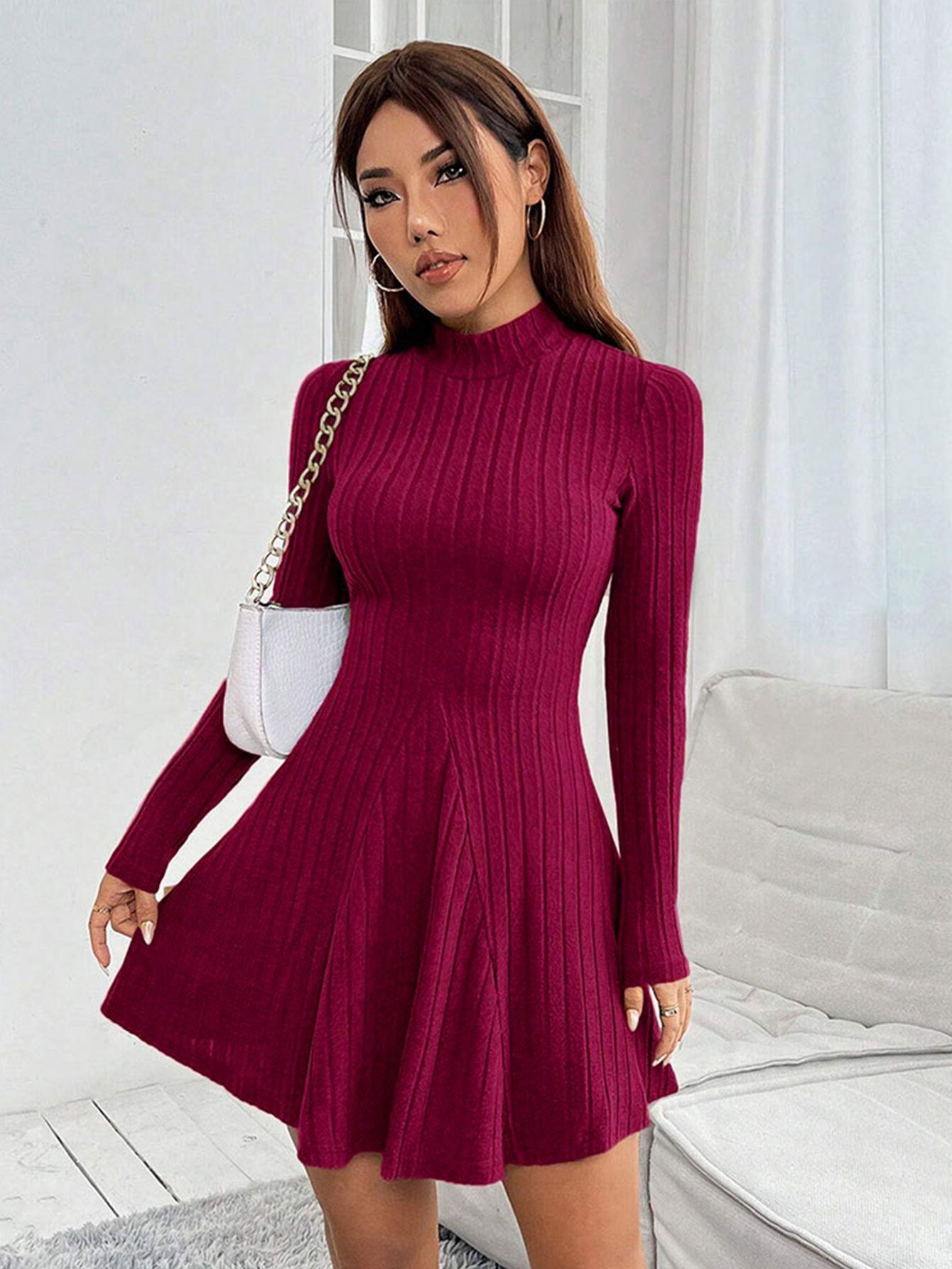 Ribbed A-Line Mini Dress with Mock Neck and Long Sleeves