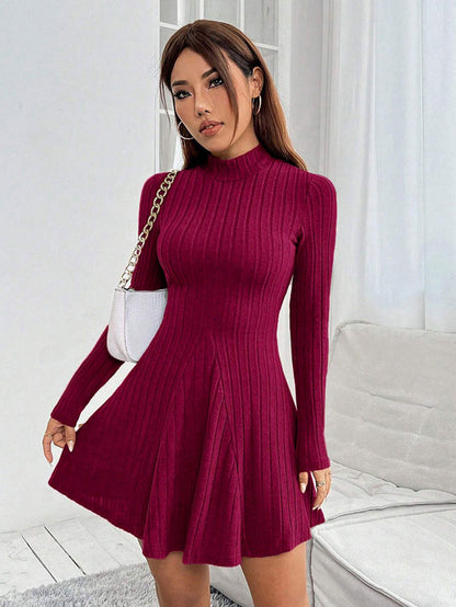 Ribbed A-Line Mini Dress with Mock Neck and Long Sleeves