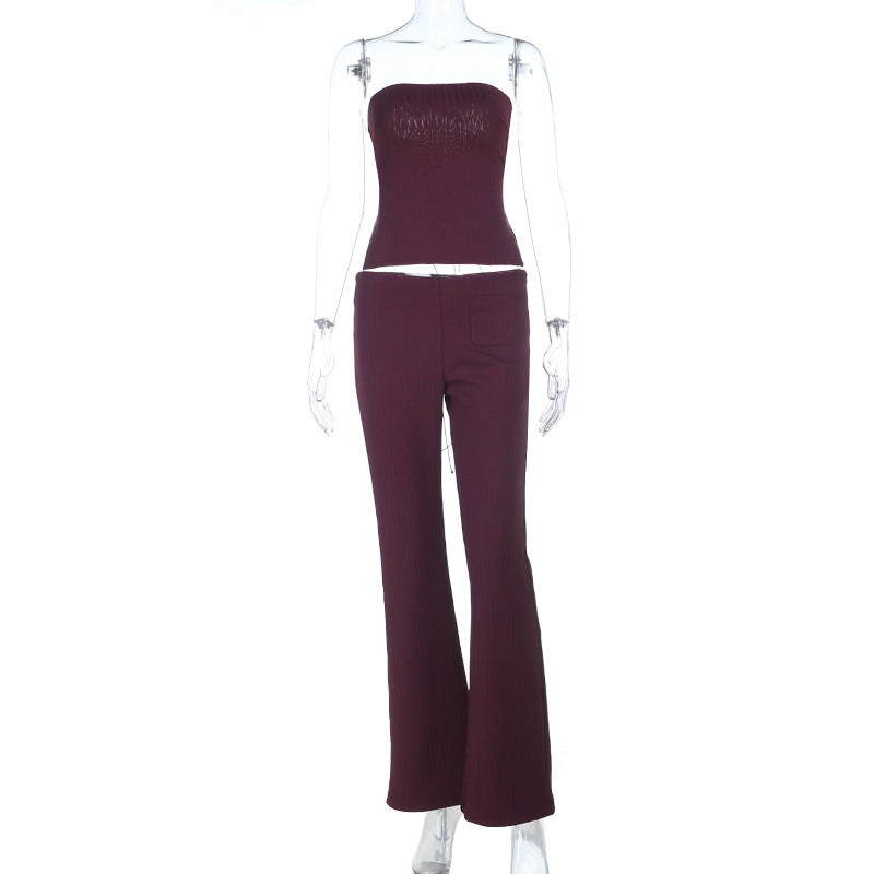 Ribbed Strapless Top and High-Waist Flared Pants Set