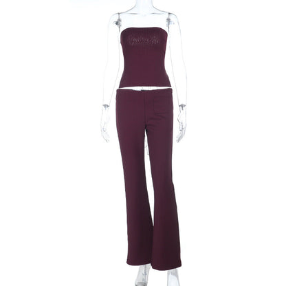 Ribbed Strapless Top and High-Waist Flared Pants Set