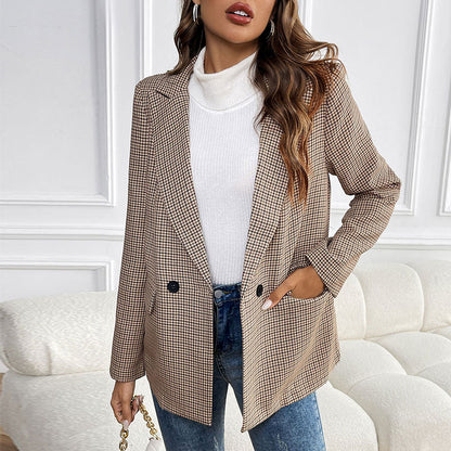 Houndstooth Blazer with Suit Collar and One Button