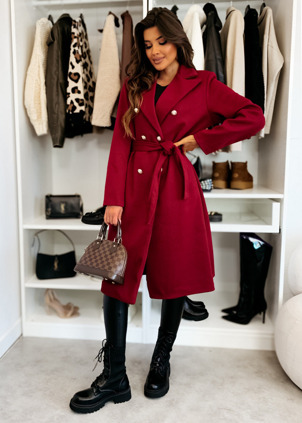 Solid Double-Breasted Midi Coat with Self-Tie Belt