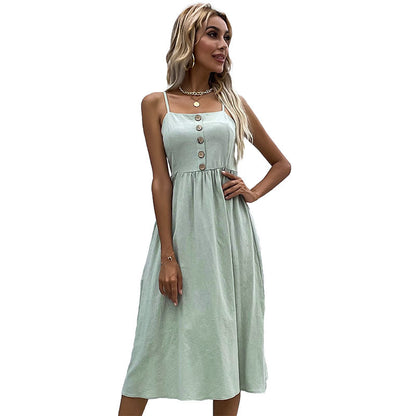 Solid A-Line Midi Dress with Spaghetti Straps and Button Front