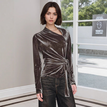 Slim-Fit Velvet Wrap Top with Asymmetrical Neckline