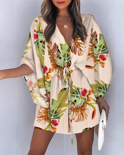 Printed Mini Dress with Bat Sleeves and Drawstring Waist