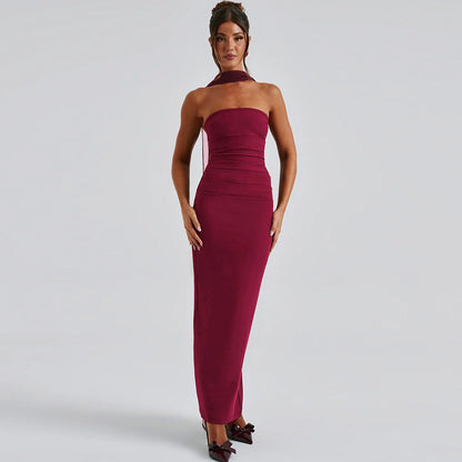 Strapless Bodycon Maxi Dress with Matching Gloves and Neck Scarf