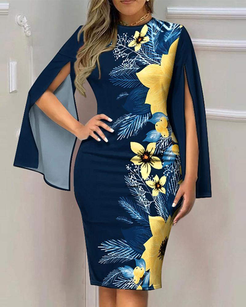 Floral Print Sheath Midi Dress with V-Neck and Slit Sleeves