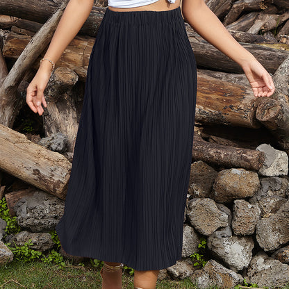 Solid Color Pleated Midi Skirt with Elastic Waist