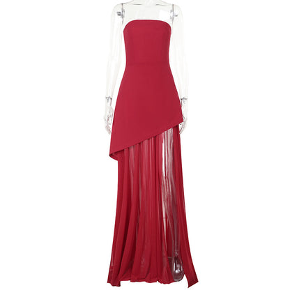 Strapless Maxi Dress with High Slit and Gauze Stitching