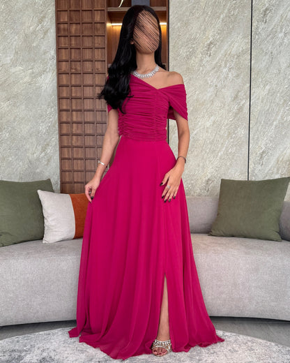 A-Line Maxi Dress with Off-Shoulder Ruched Bodice and Slit