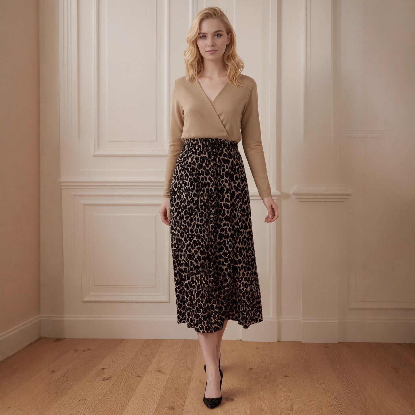 Cross V-Neck Spliced Dress with Leopard Print Skirt