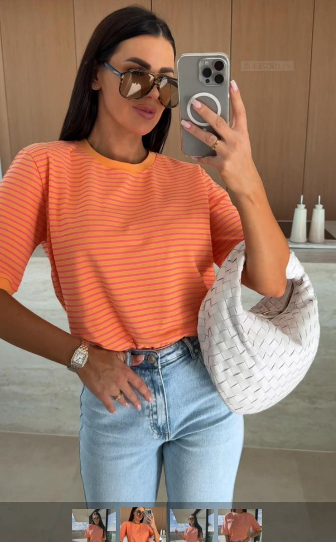 Loose Striped T-Shirt with Round Neck