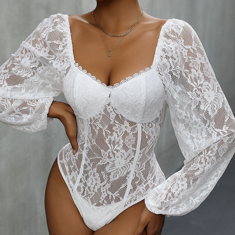 Lace Bodysuit with Long Sleeves and Sweetheart Neck