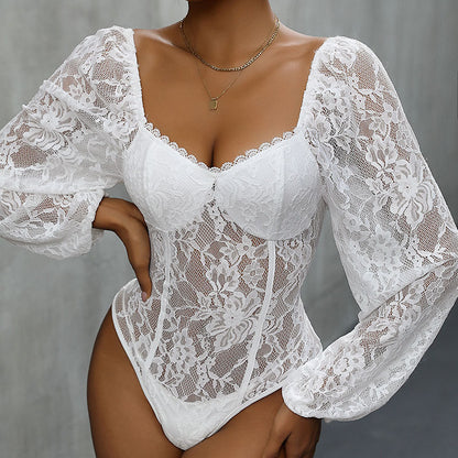 Lace Bodysuit with Long Sleeves and Sweetheart Neck