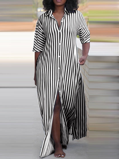 Striped Button-Front Maxi Shirt Dress with V-Neck