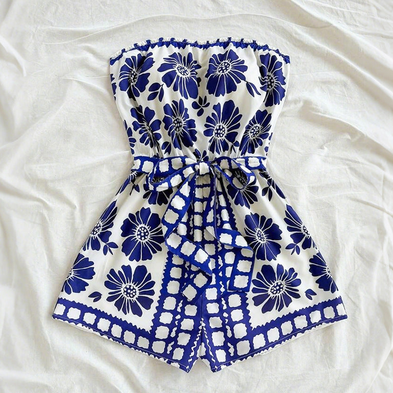 Floral Print Strapless Romper with Tie-Waist and Wide Legs