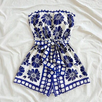 Floral Print Strapless Romper with Tie-Waist and Wide Legs
