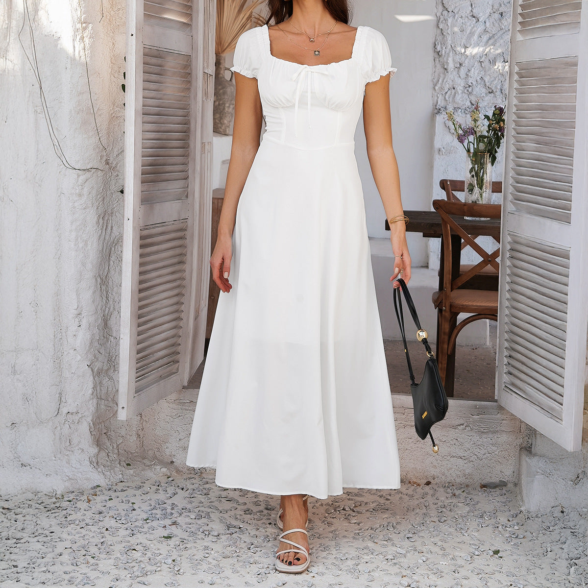 A-Line Midi Dress with Tie-Front Bust and Puff Sleeves